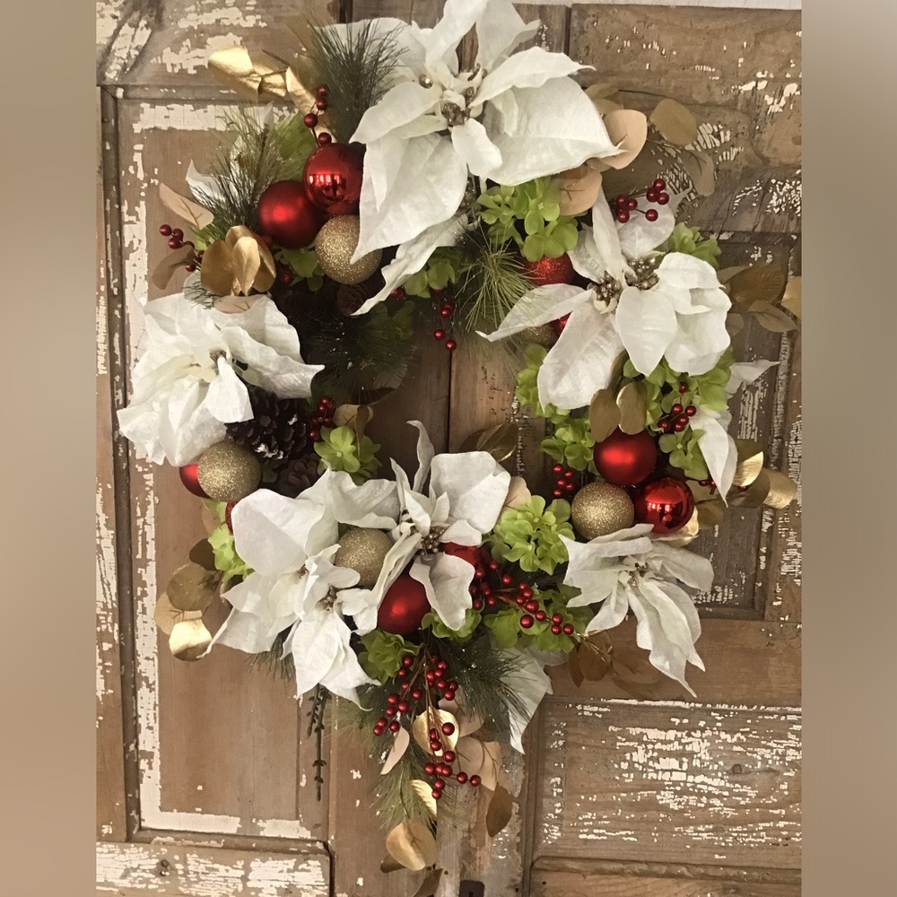 Handcrafted Designer Wreath Christmas 24” Poinsettia Red Green White